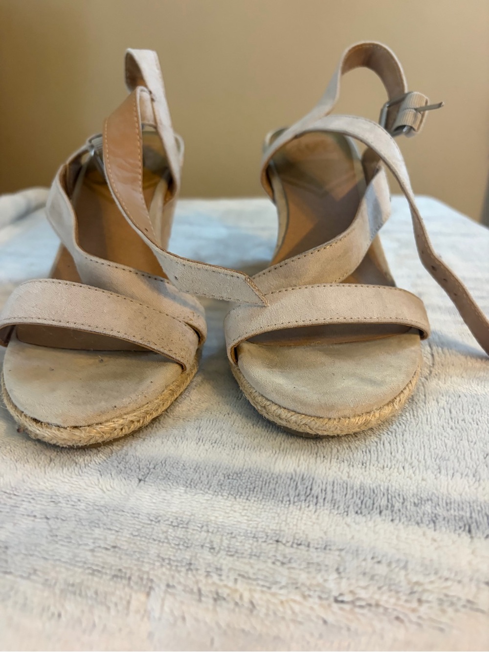 Neutral Suede Espadrille Wedge Sandals with Ankle Strap - Beige